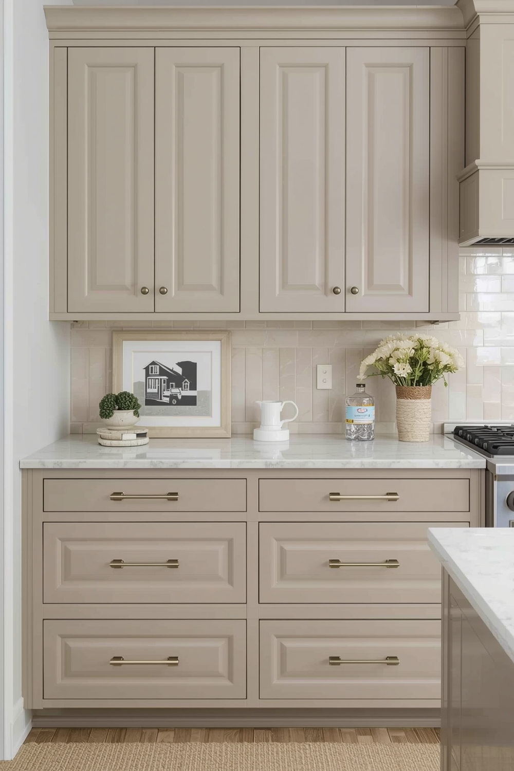 Beige Cabinets with Bronze Pulls