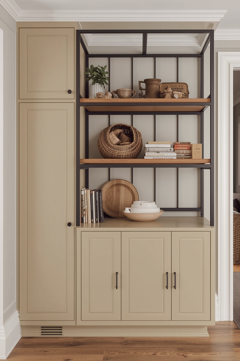 Beige Cabinets with Metal and Wood Shelving