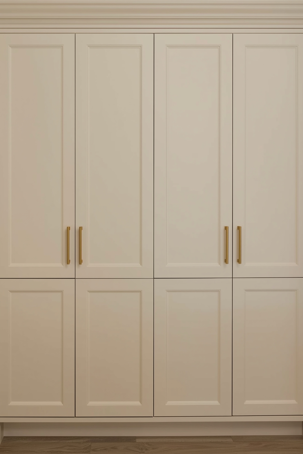Beige Cabinets with Satin Brass Handles