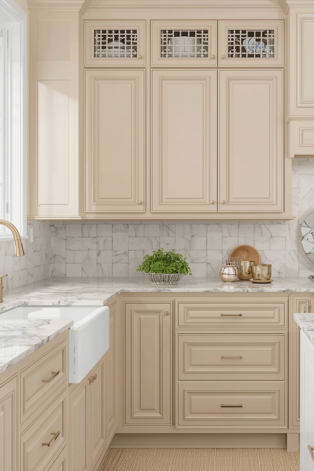 Beige Cabinets with Veined Quartz Countertops