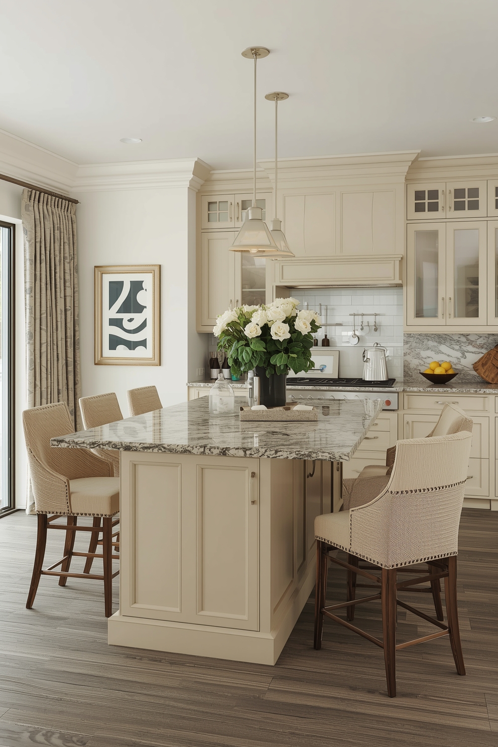 Beige Cabinets with an Extended Island