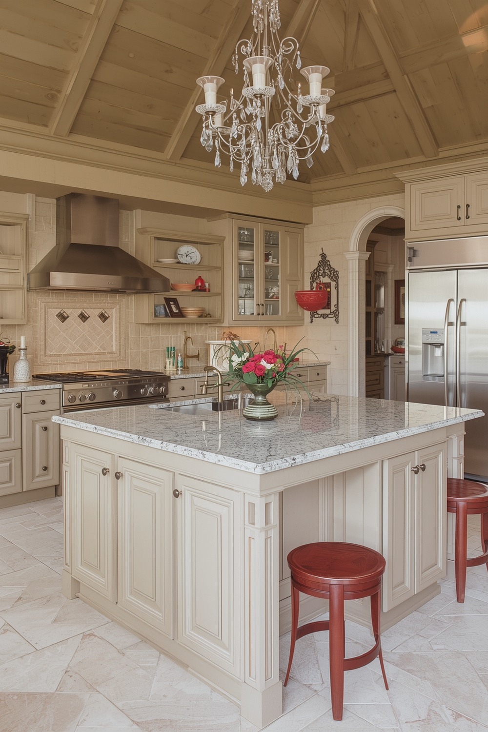 Beige Kitchen Cabinets with Chandelier Ideas