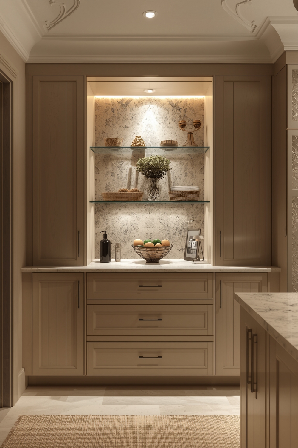 Beige Kitchen Cabinets with Cove Lighting