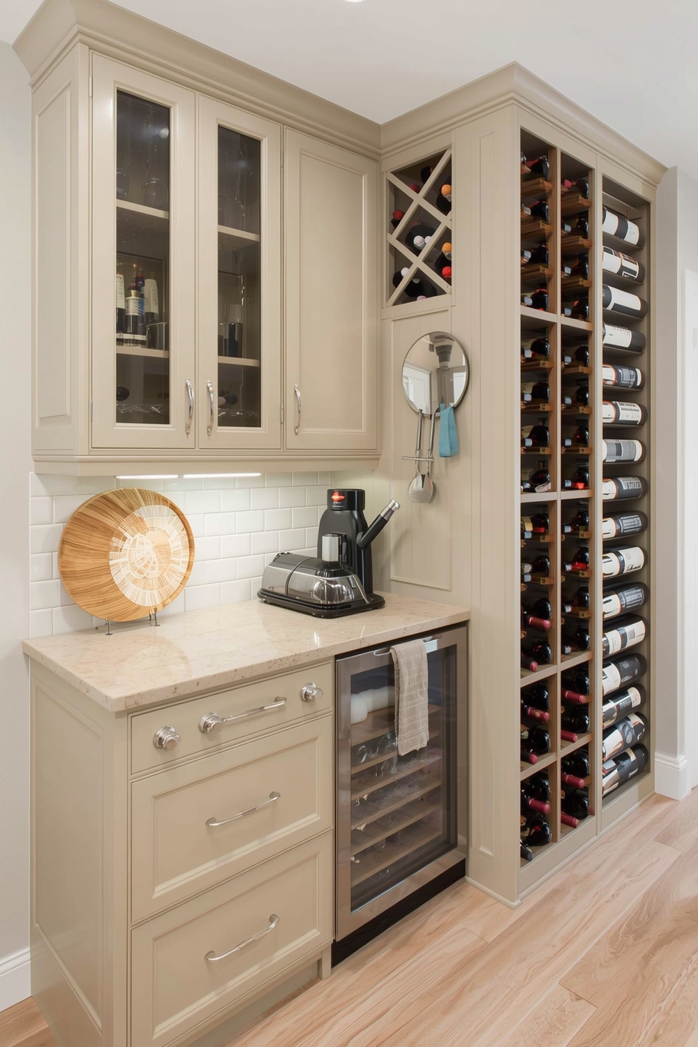 Beige Kitchen Cabinets with Integrated Wine Rack