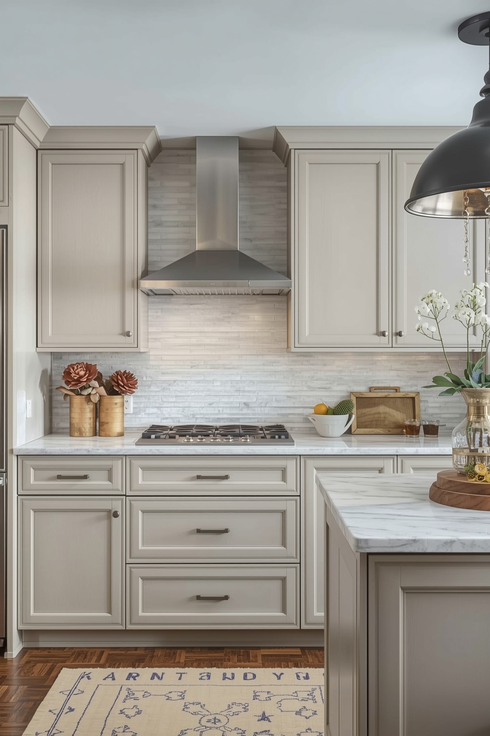 Beige Kitchen Cabinets with Pendant Lamp Ideas