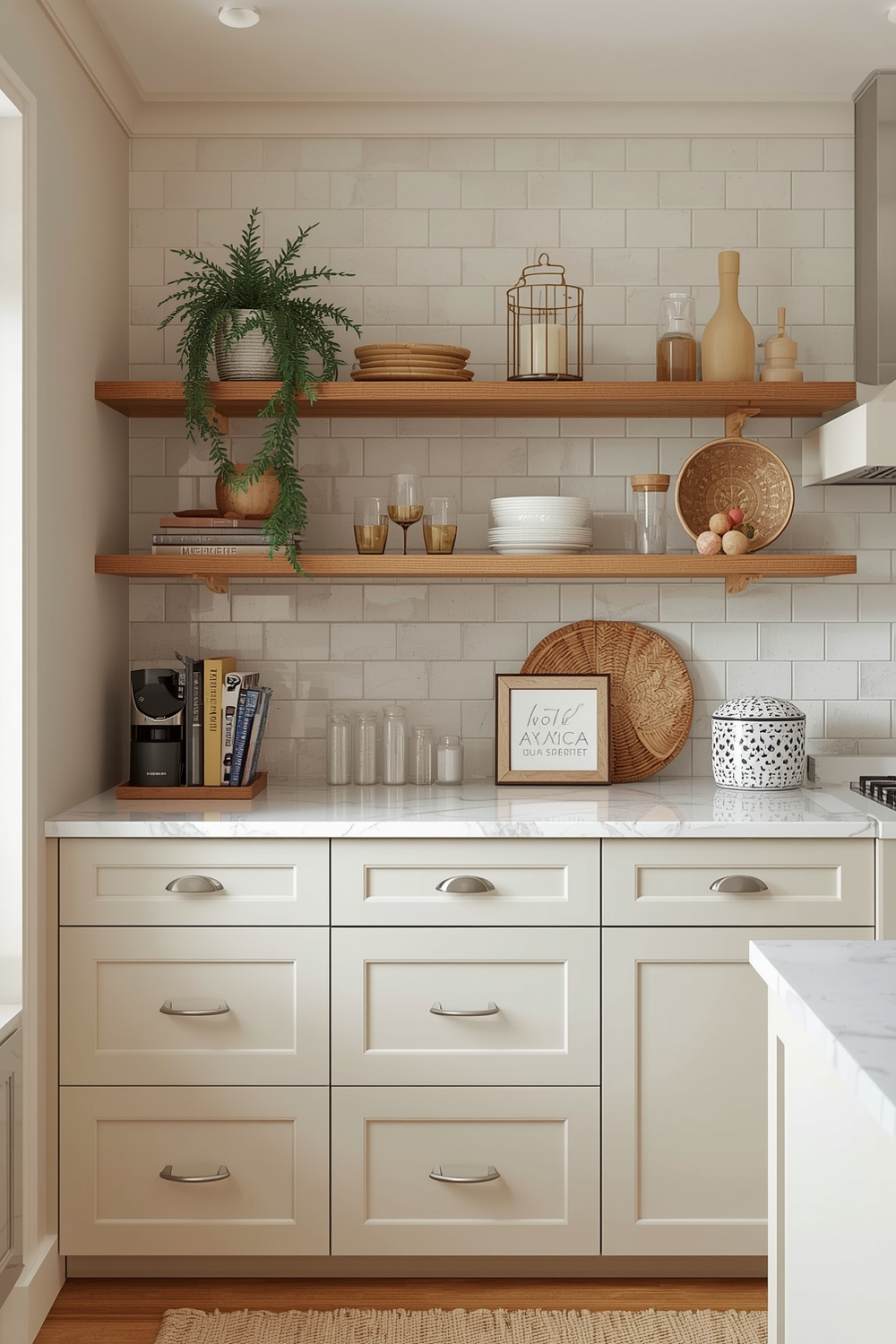 Beige Kitchen Cabinets with Wood Open Shelves