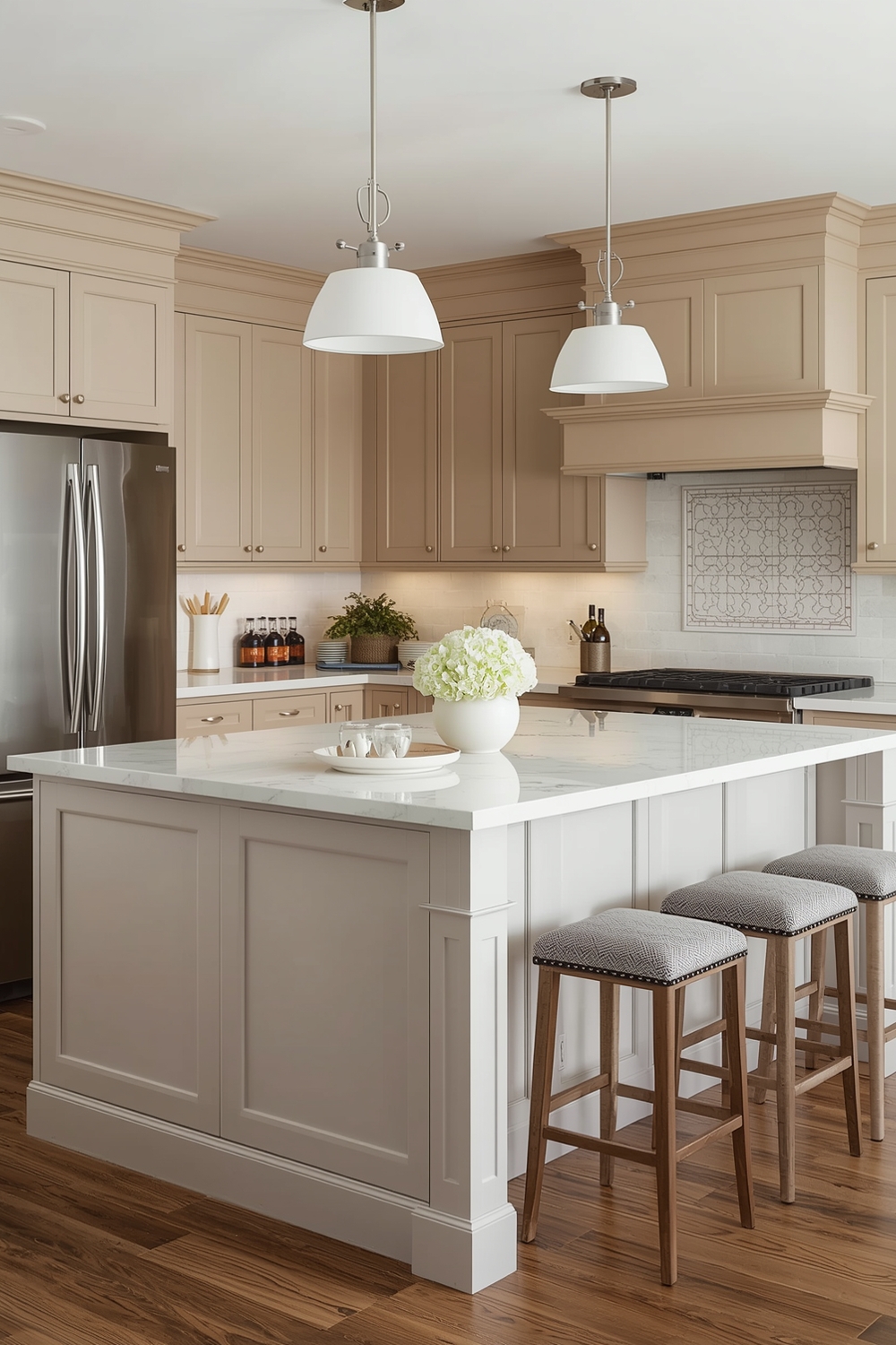 Beige Kitchen Cabinets with a Double Island
