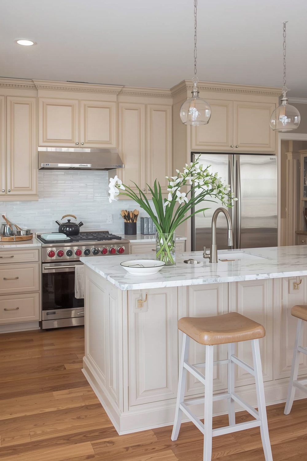 Beige Kitchen Cabinets with a Prep Island