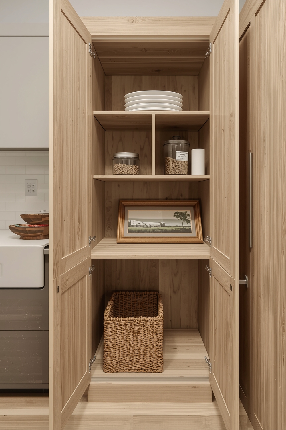 Space-Saving White Oak Kitchen Storage