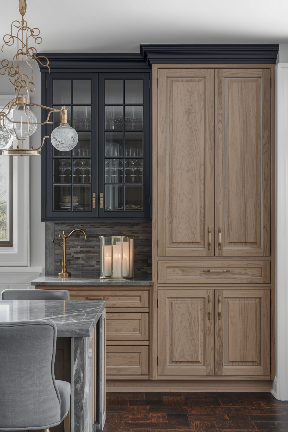 Two-Toned Cabinets with Artistic Pendant Lights
