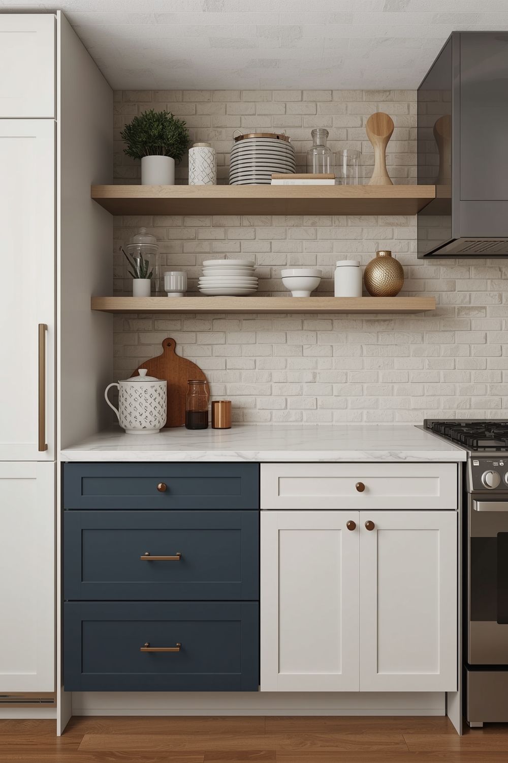 Two-Toned Cabinets with Brick Backsplash Shelves