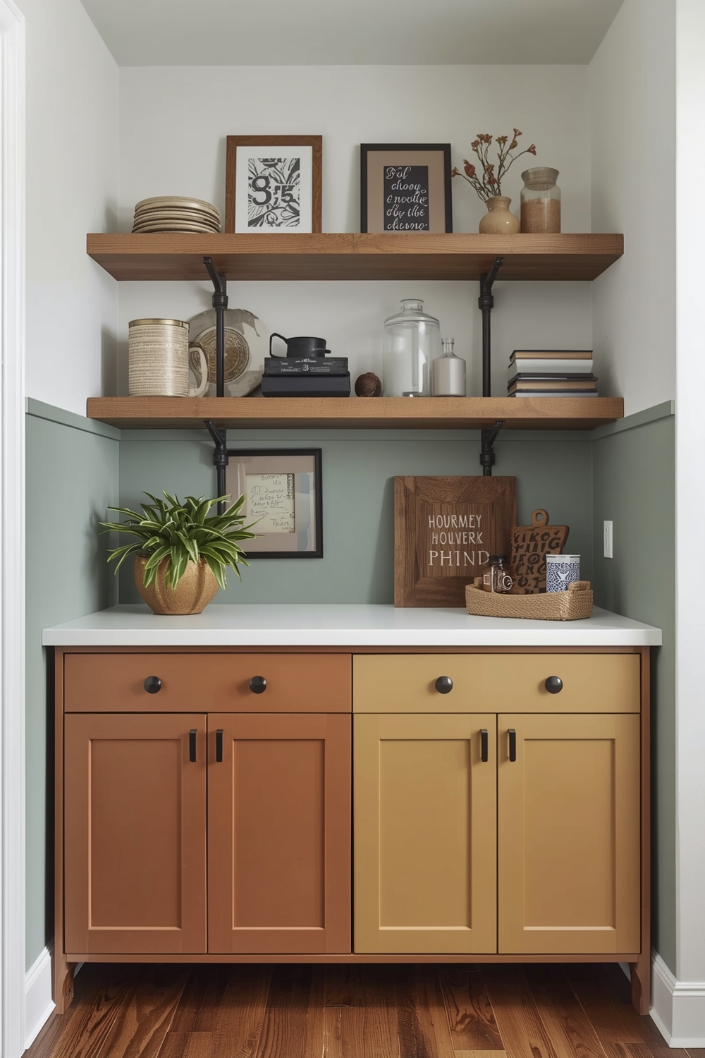 Two-Toned Cabinets with Industrial Pipe Shelving