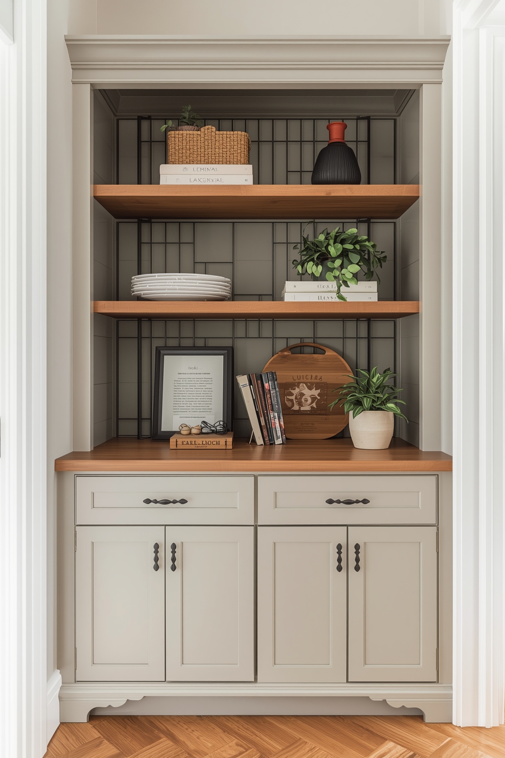 Two-Toned Cabinets with Open Metal Shelving