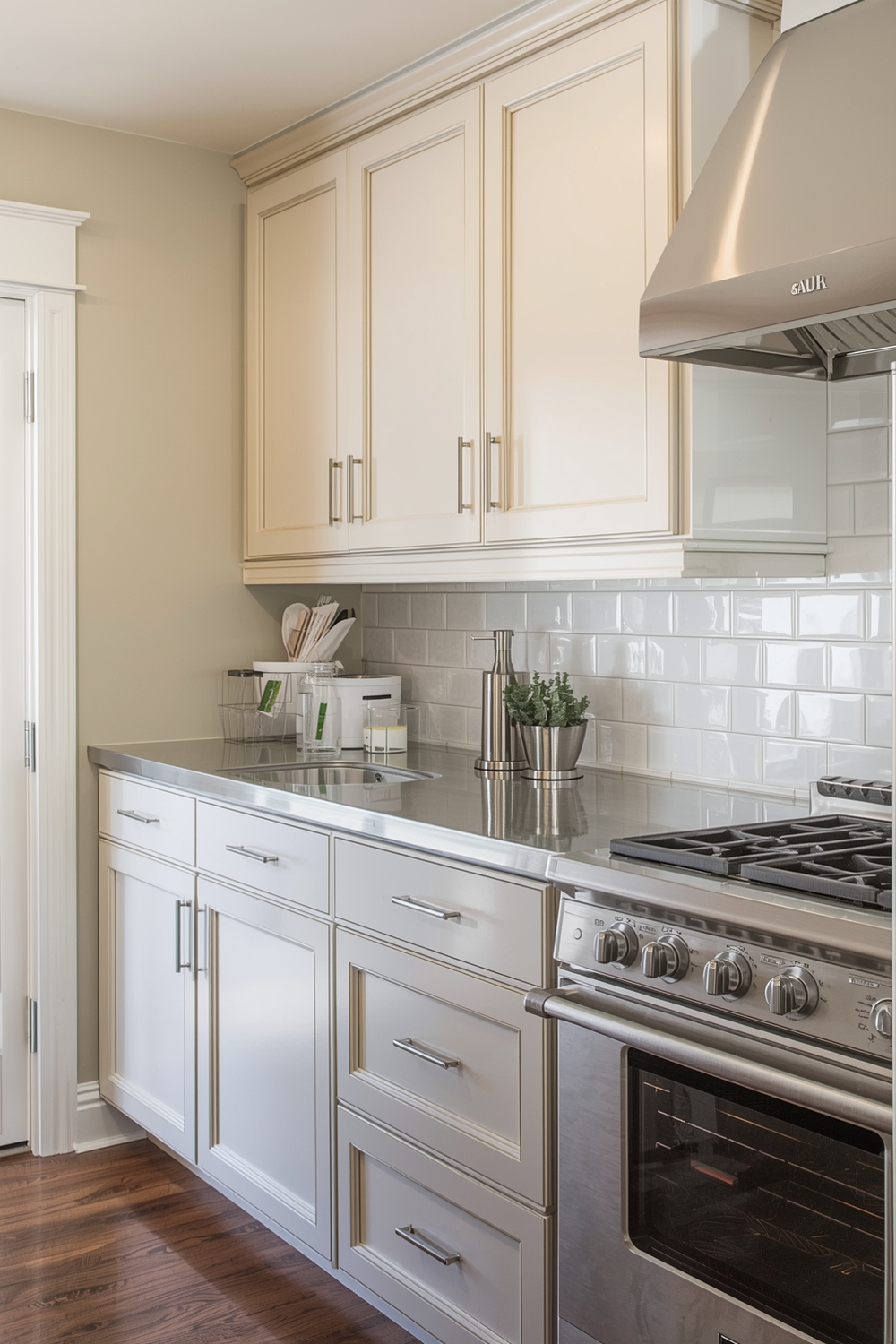 Two-Toned Cabinets with Stainless Steel Countertops