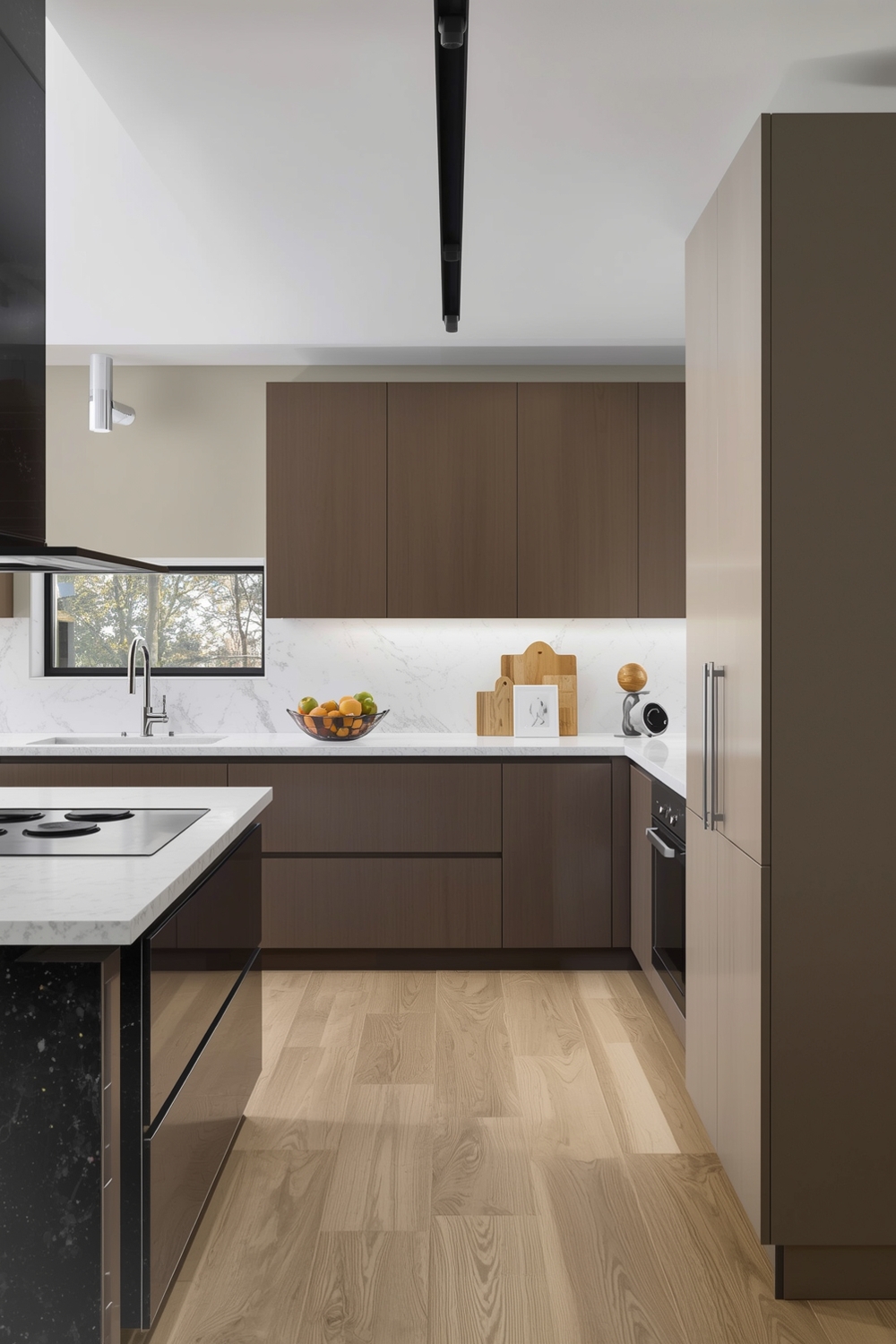 Two-Toned Kitchen Cabinets with Monorail Lighting