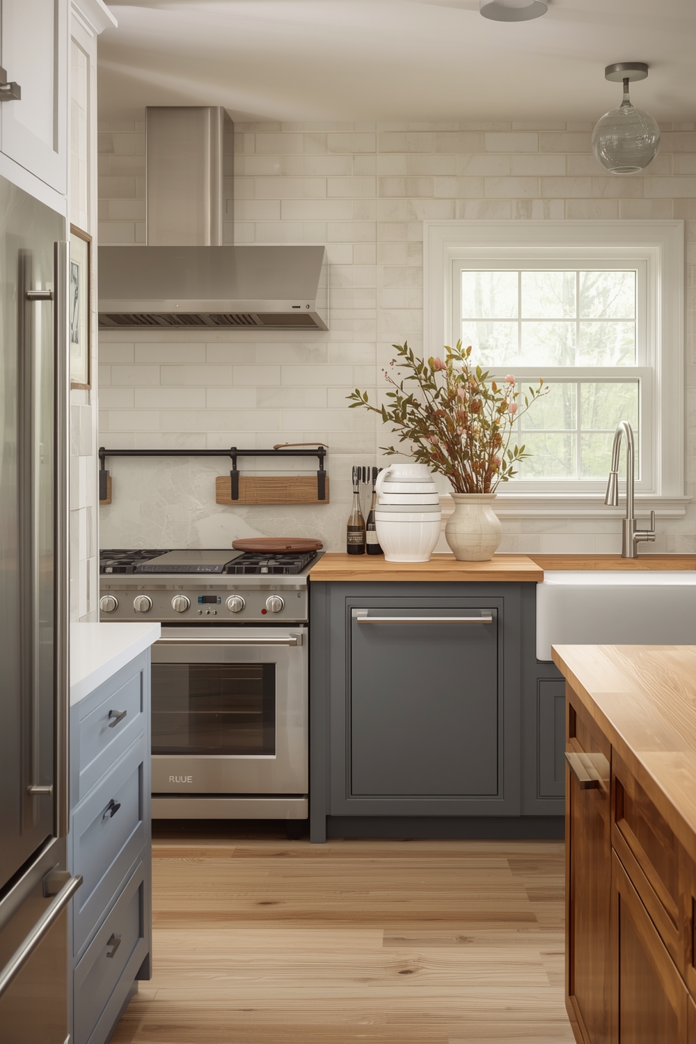 Two-Toned Kitchen Cabinets with Wood Slab Counters