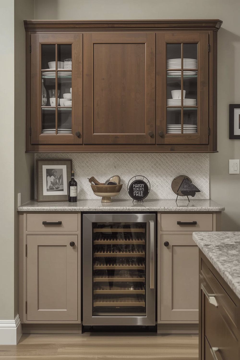Two-Toned Kitchen Cabinets with a Beverage Center