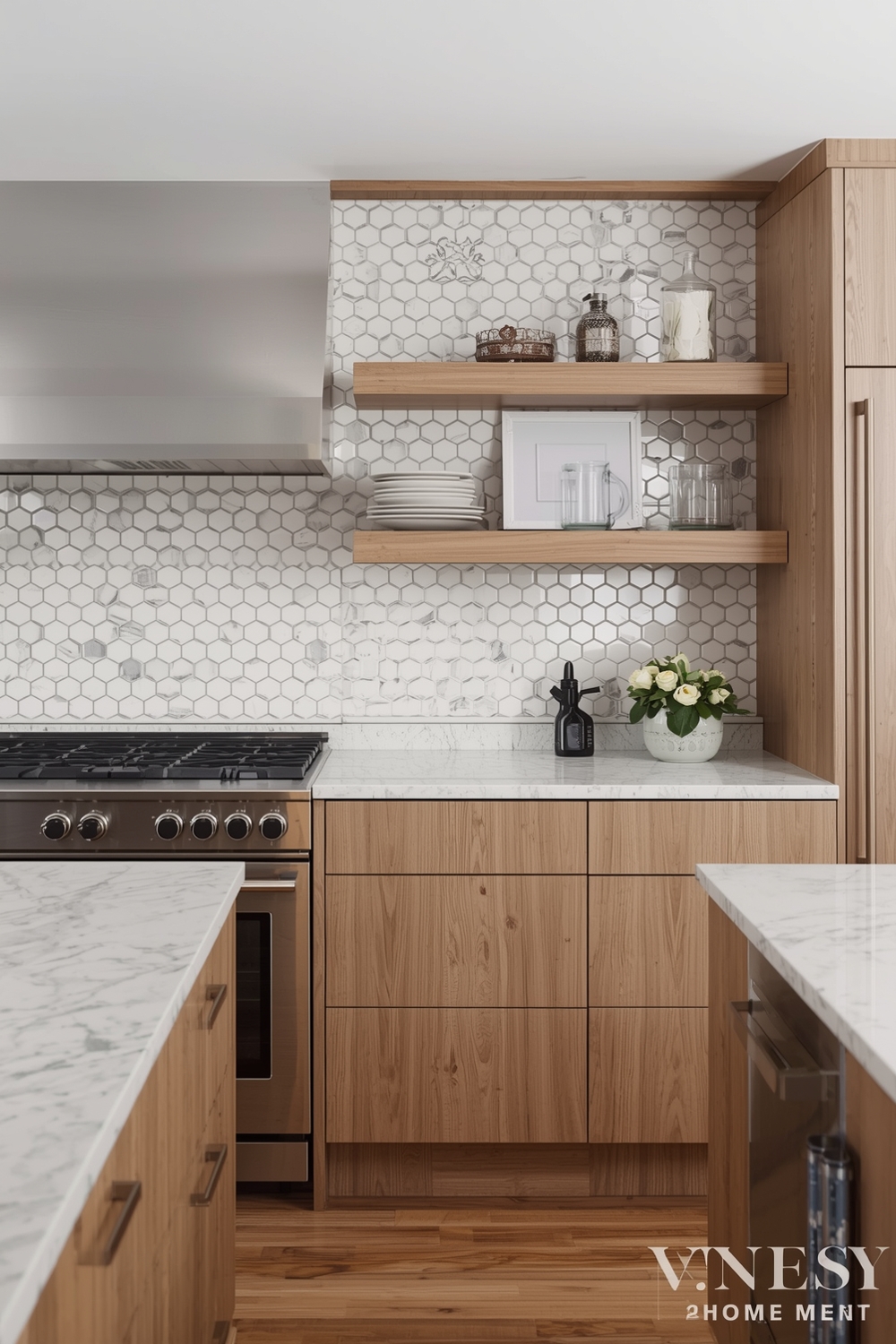 White Oak Kitchen Geometric Backsplash