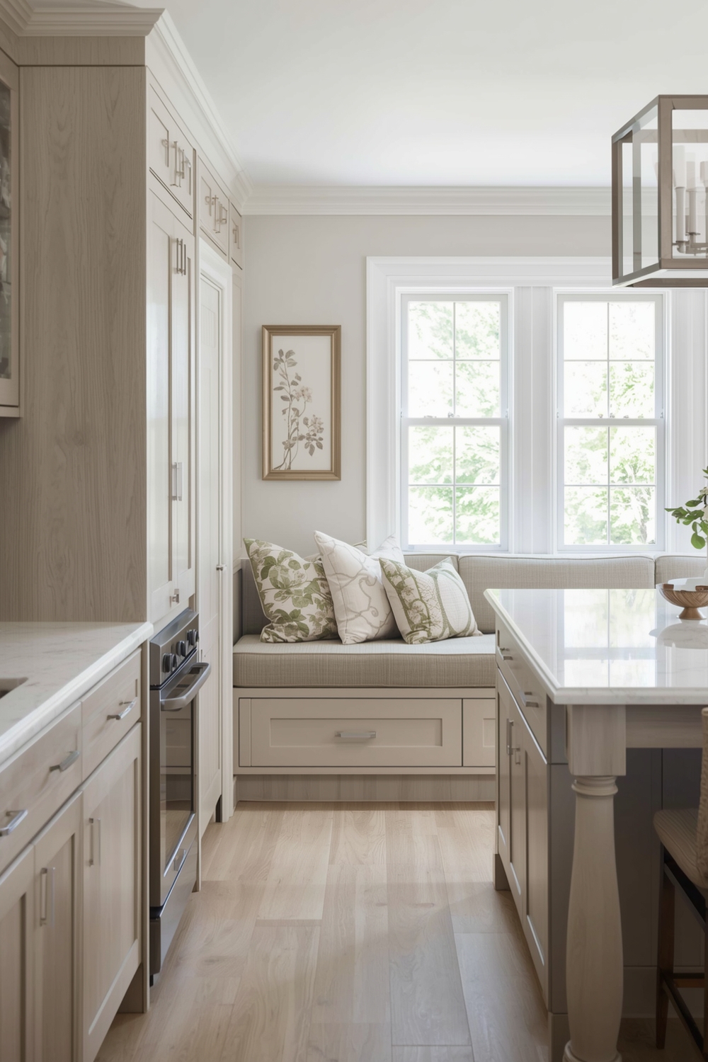 White Oak Kitchen Layout Including a Banquette