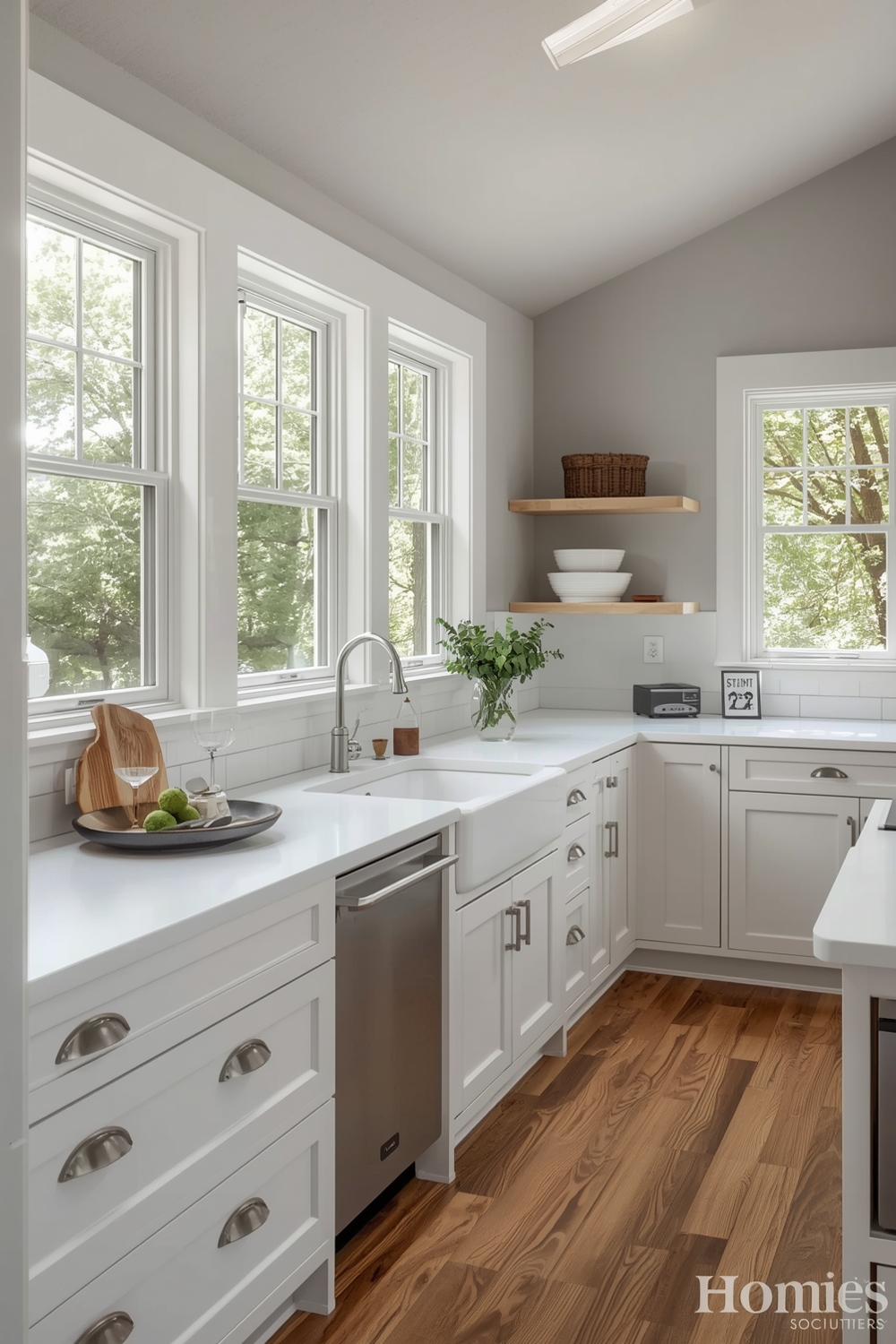 White Oak Kitchen Layout with Wall of Windows