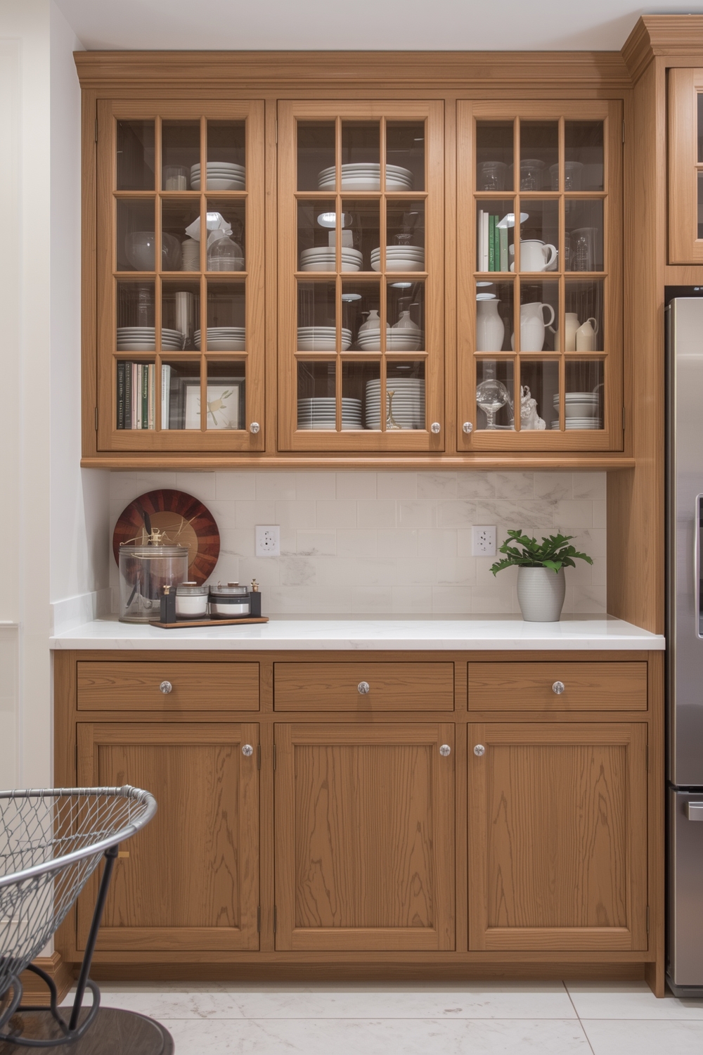 White Oak Kitchen with Glass-Front Upper Cabinets