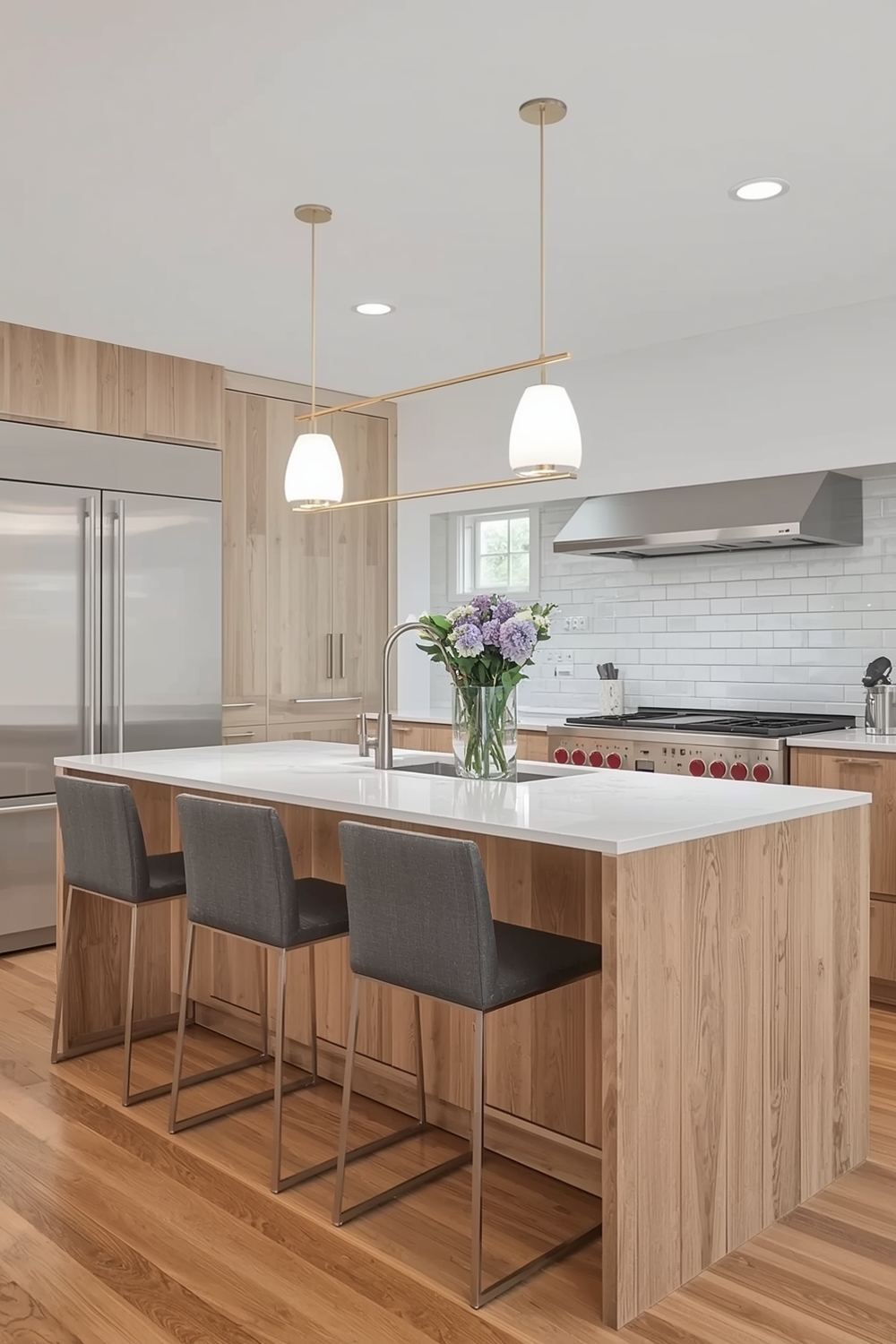 White Oak Kitchen with Linear Pendant Lights
