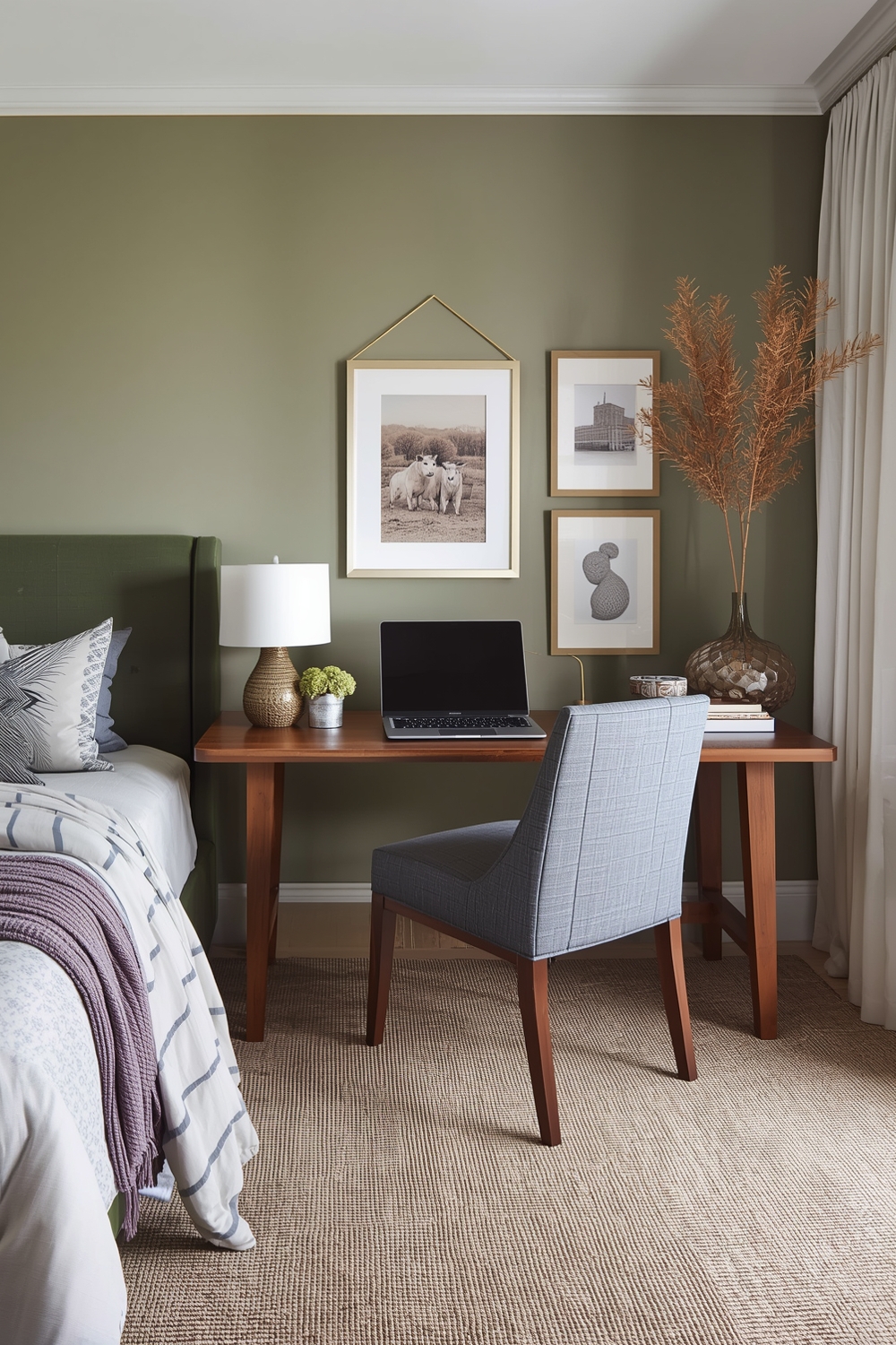 Efficient Sage Green Bedroom Workspace Concepts