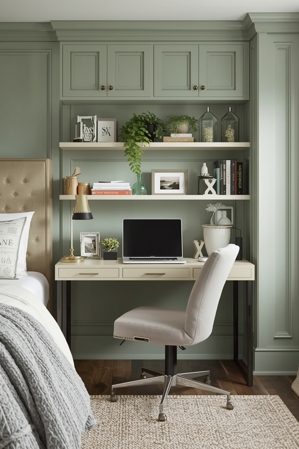 Efficient Sage Green Bedroom Workspace Plans