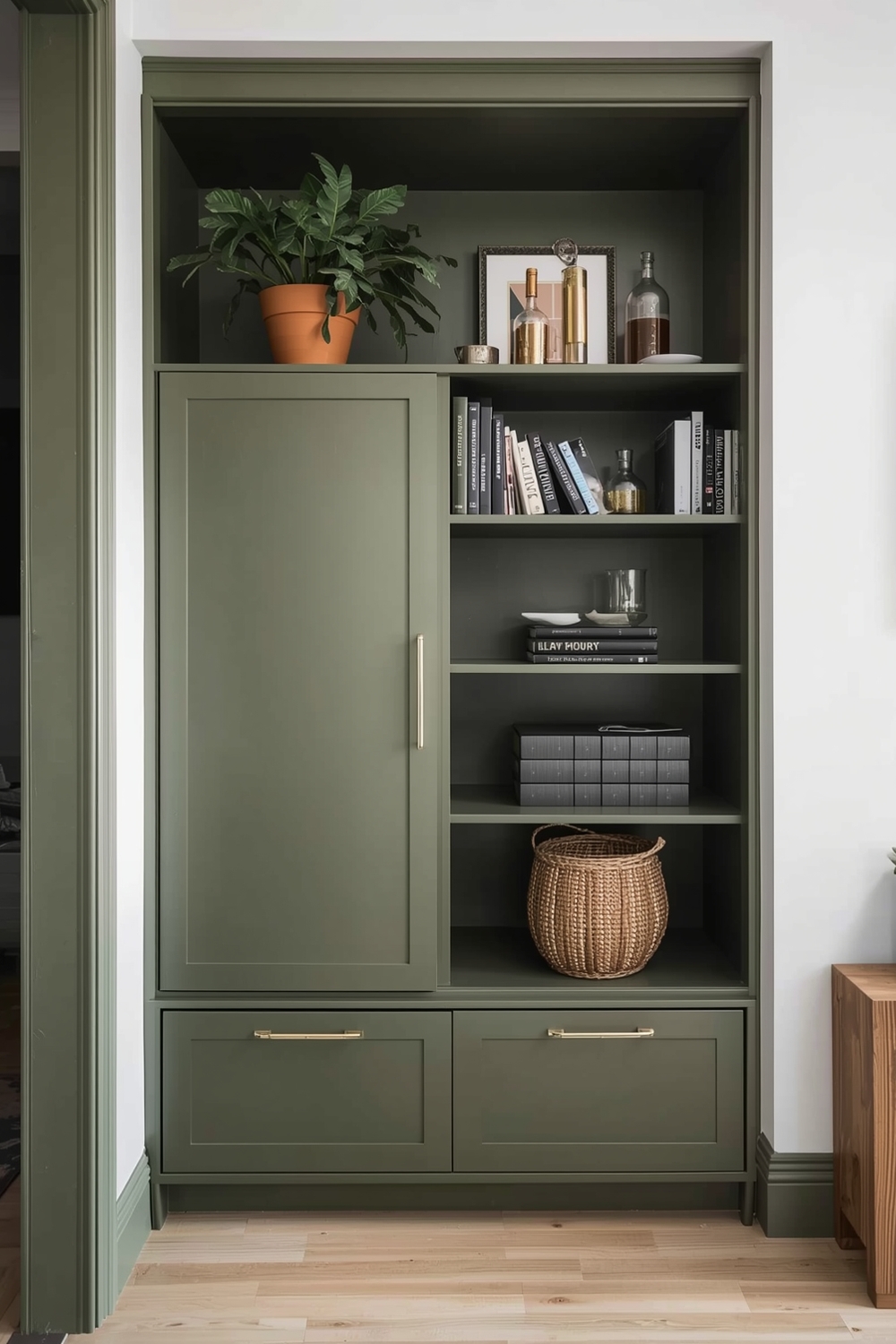 Olive Green Living Room Storage Solution Ideas