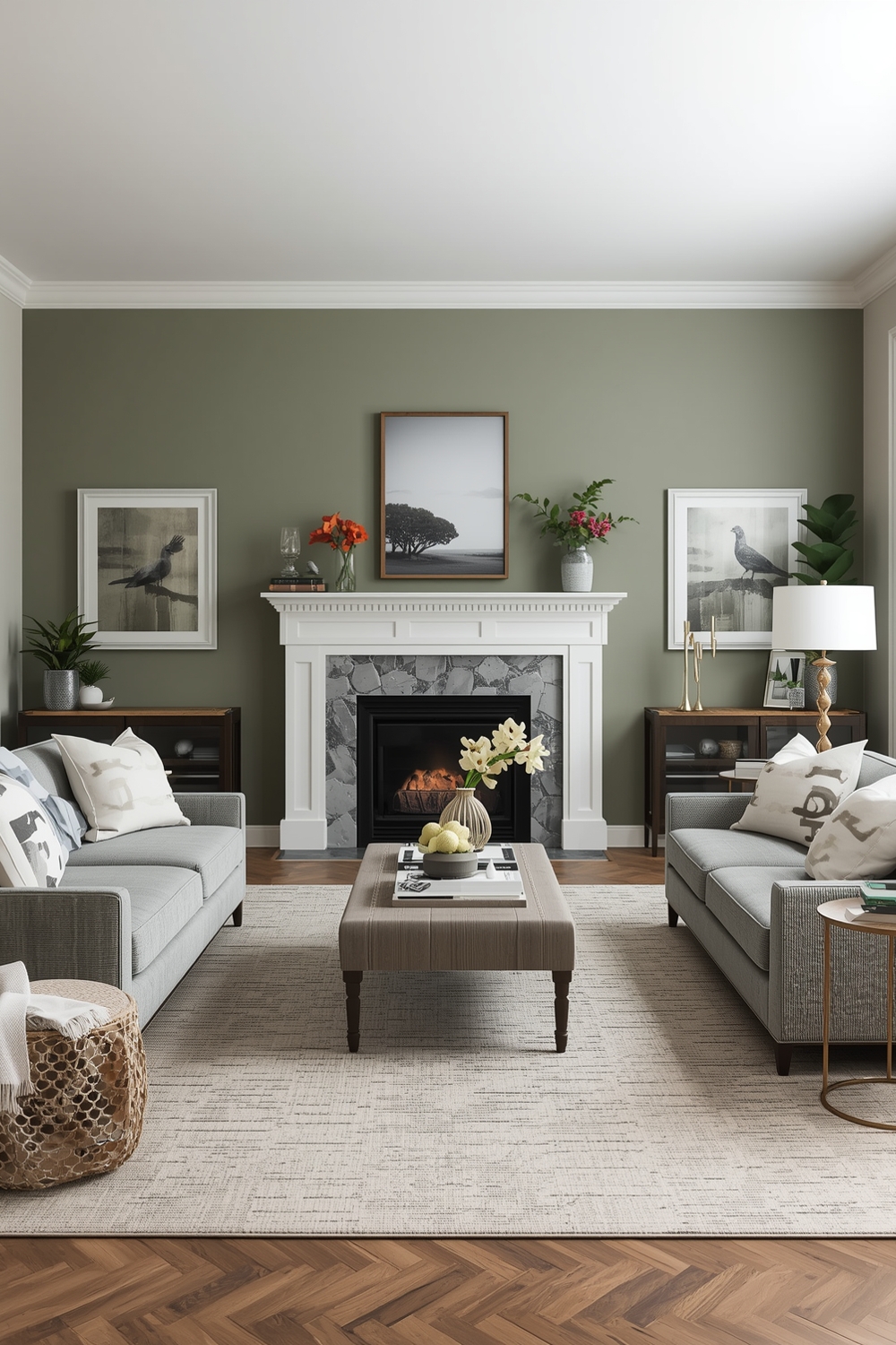 Open Concept Sage Green Living Room Layout Plans